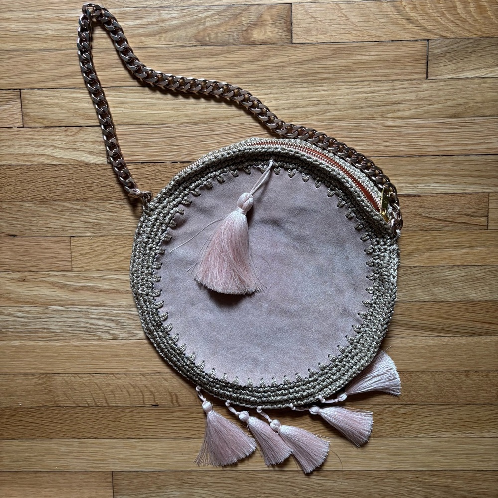 Round Purse Blush Pink W/Crochet Details Tassel Rose Gold Strap Zipper‎ Boho Fae